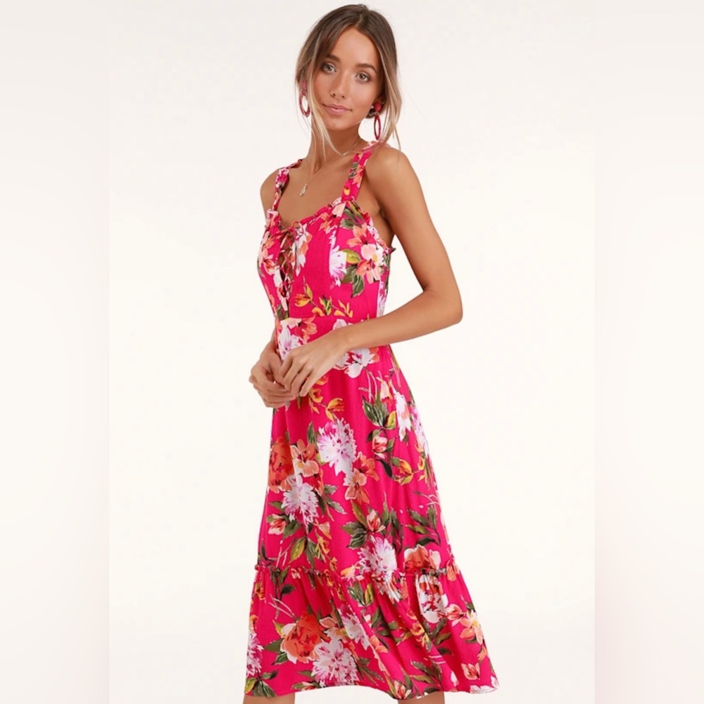 Lulu's Fuchsia Floral Tie-Front Midi Dress